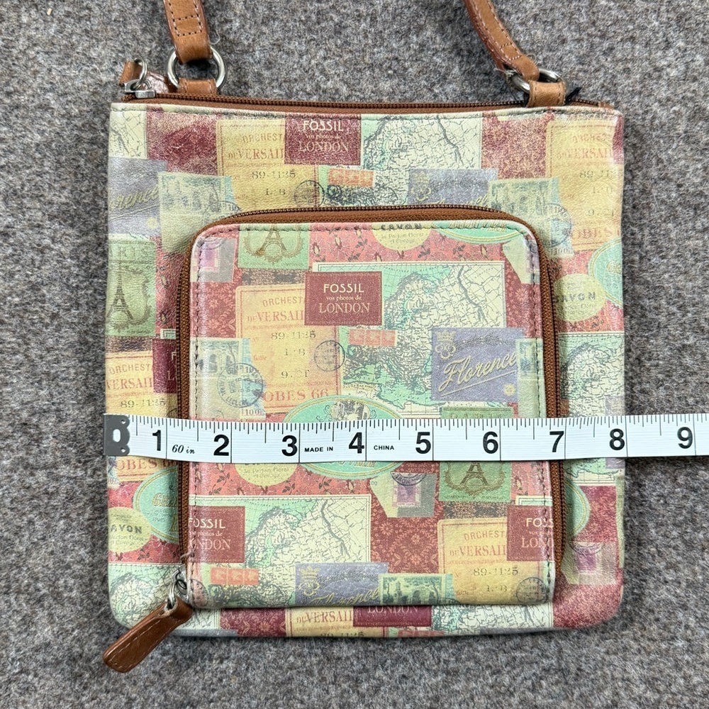 Vintage Fossil London Travel Stamps Leather Crossbody Bag Wallet Front Pocket - Picture 6 of 9